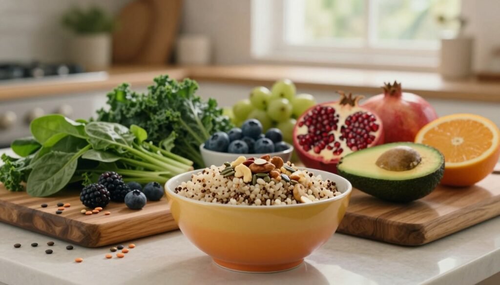 Lifestyle Changes for Perimenopause: Simple Habits That Make a Difference 2 A beautifully arranged assortment of healthy foods ideal for menopause health, featuring vibrant fruits like berries, pomegranates, and citrus, alongside leafy greens such as kale and spinach. In the foreground, a colorful bowl of quinoa or brown rice, topped with nuts and seeds exemplifying nutritional balance. The middle ground showcases a wooden cutting board with lentils and avocados. In the background, a softly blurred kitchen setting with natural light streaming in through a window, creating a warm, inviting atmosphere. The scene conveys a sense of harmony and wellness, embodying the theme of nutrition for hormonal balance. The composition is shot with a soft focus lens to enhance the premium quality feel, suitable for an editorial on women’s health. Vidah Plena | Women's Health.