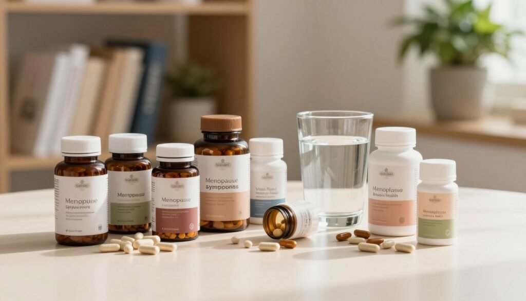 A beautifully arranged display of dietary supplements for menopause symptoms, placed on a clean, light-colored surface. In the foreground, there are a variety of supplement bottles in elegant designs, featuring earthy tones and natural textures. Some capsules and tablets are scattered artfully around, emphasizing their different forms. In the middle, a small, stylish glass of water sits next to the supplements, reflecting natural light. In the background, there’s a softly blurred shelf with health-related books and a potted plant, adding a touch of warmth and tranquility to the scene. The lighting is bright and inviting, creating an atmosphere of hope and well-being. This image conveys professionalism and care, suitable for women's health, with the brand name "Vidah Plena | Women's Health" subtly incorporated into the scene.