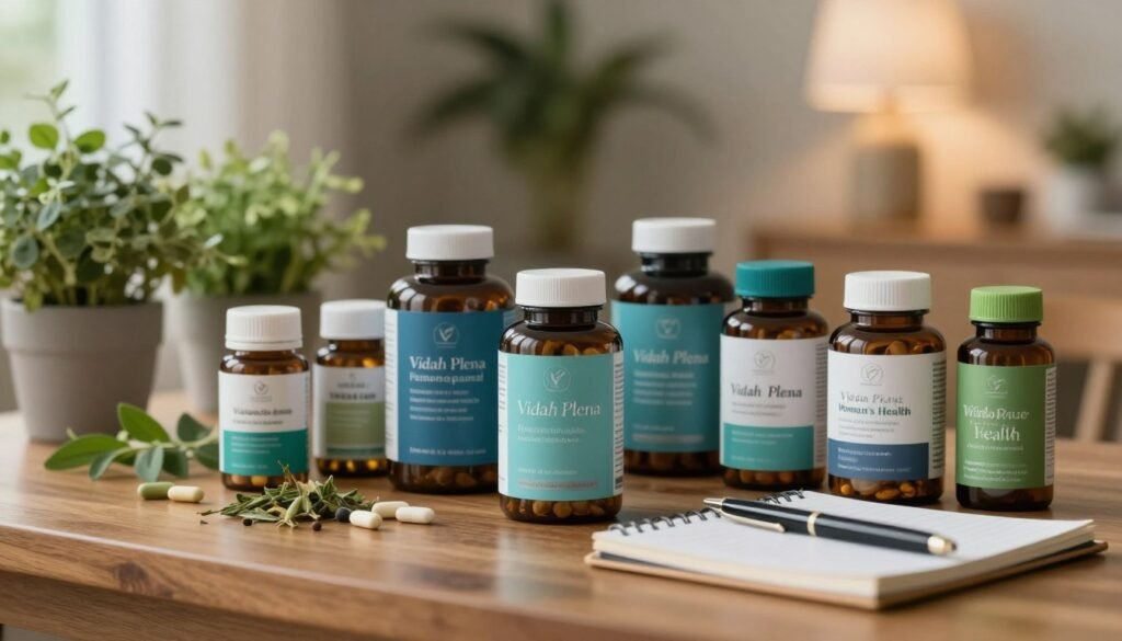 A beautifully arranged display of evidence-based supplements for perimenopausal women, featuring elegant bottles and containers of vitamins, herbs, and minerals on a polished wooden surface. In the foreground, focus on a calming and inviting aesthetic, showcasing blue and green hues to represent tranquility and health. In the middle, include some greenery like potted plants or fresh herbs to emphasize natural ingredients, alongside a notepad and pen for a scholarly touch. In the background, softly blurred elements of a cozy wellness space, adorned with gentle lighting that gives a warm, uplifting atmosphere. The overall mood should be professional and reassuring, appealing to women seeking reliable health information. Prominently include "Vidah Plena | Women's Health" in sophisticated script.