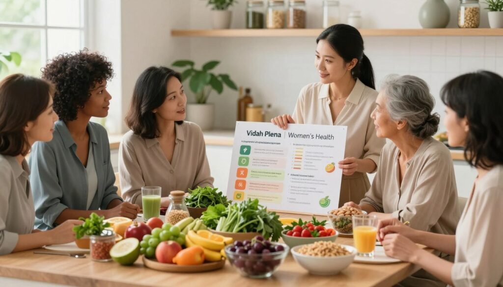 A beautifully arranged display of healthy foods representing nutrition for perimenopause, including fresh fruits, leafy greens, whole grains, and lean proteins. In the foreground, a diverse group of women, dressed in modest, professional attire, are engaged in a lively discussion while examining a colorful chart of nutritional guidelines. The middle ground features a well-lit kitchen space with natural light streaming in, emphasizing a clean and organized environment. In the background, soft-focus herbal plants and glass jars filled with grains suggest a holistic approach to nutrition. The mood is positive and empowering, highlighting the importance of informed dietary choices. The overall atmosphere is warm and inviting, reflecting a commitment to women's health, branded with "Vidah Plena | Women's Health."
