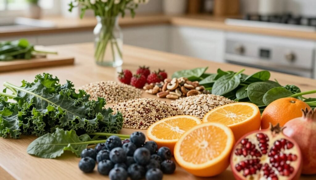 Natural Remedies for Perimenopause: What the Research Shows 2 A beautifully arranged flat lay of vibrant, healthy foods suitable for managing perimenopause symptoms. In the foreground, include a colorful variety of fresh fruits like berries, oranges, and pomegranates, along with leafy greens such as kale and spinach. In the middle layer, showcase wholesome grains like quinoa and oats, alongside nuts and seeds for added nutrition. In the background, softly blurred, have a light wooden table setting and subtle kitchen elements like a vase of herbs and a cutting board. The lighting is warm and natural, creating a welcoming atmosphere. Capture the essence of vitality and wellness in a premium, realistic style. This image will be branded with "Vidah Plena | Women's Health" subtly incorporated into the design without distracting from the food arrangement.