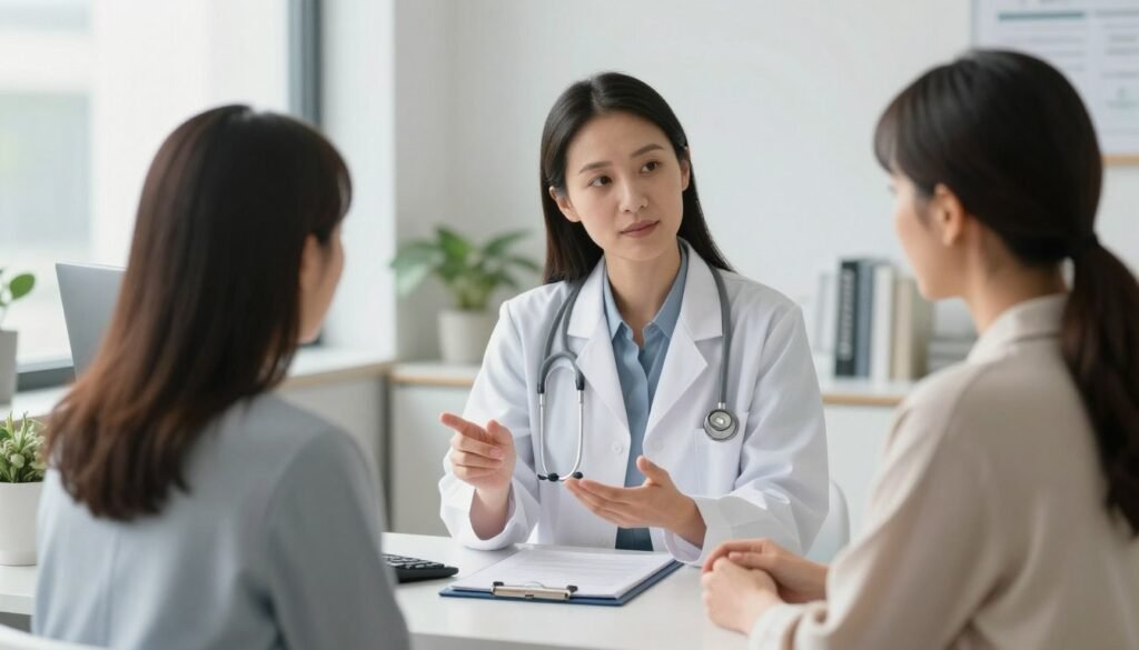 Perimenopause Treatment: Evidence-Based Options That Work 3 A bright, professional medical office in the United States where a female doctor is caringly explaining hormone therapy options to a middle-aged woman, comfortable and realistic atmosphere, natural lighting.