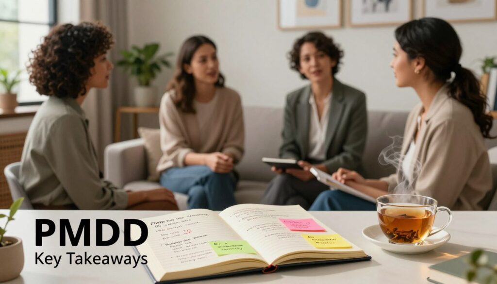 A calm and informative scene depicting "PMDD Key Takeaways" for a women's health article. In the foreground, a neatly organized desk with an open notebook and colorful sticky notes summarizing key points on PMDD medications, benefits, and risks. A cup of herbal tea sits beside it, emitting steam, indicating a focus on self-care and wellness. The middle ground features a realistic, diverse group of three women in professional attire discussing and sharing insights about PMDD, with expressions of engagement and empathy. In the background, a softly lit, modern office environment with plants and wellness books creates a tranquil atmosphere. The lighting is warm and inviting, emanating from a window to the side, enhancing the mood of support and understanding. This editorial-style image embodies the essence of "Vidah Plena | women's health."