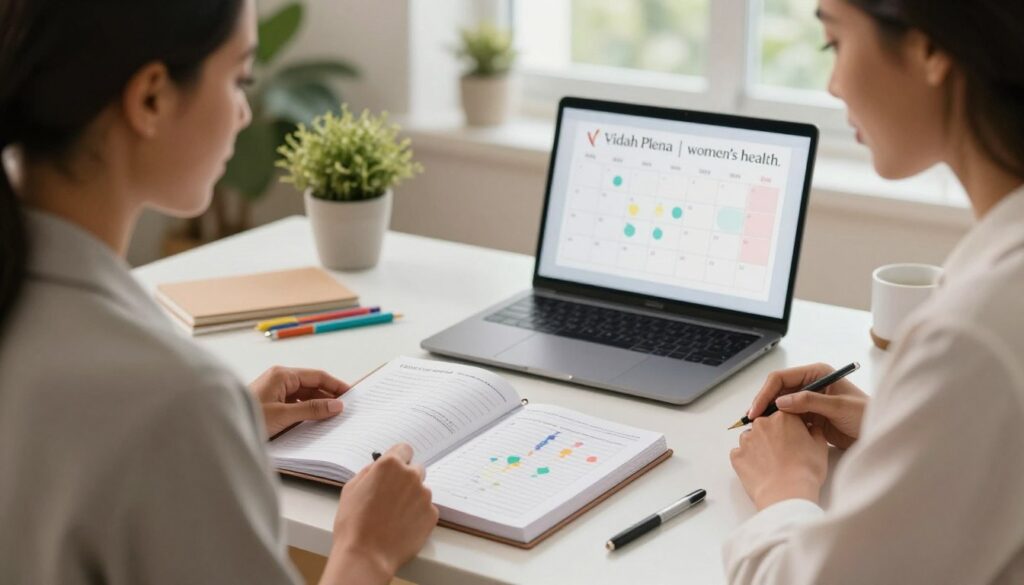 A calm and organized workspace set for tracking PMDD symptoms throughout the menstrual cycle. In the foreground, a serene woman of diverse ethnicity, dressed in professional business attire, is engaged in reviewing a detailed symptom tracking journal adorned with charts and notes. The middle ground features a softly lit desk with a laptop, colorful pens, and a calendar highlighting the cycle phases. In the background, a cozy room ambiance with plants and soft natural light pouring through a window creates a soothing atmosphere. The scene conveys empowerment and mindfulness, ideal for women's health editorial photography. The overall mood is focused and nurturing, reflecting a supportive self-care routine, branded with “Vidah Plena | women's health.”