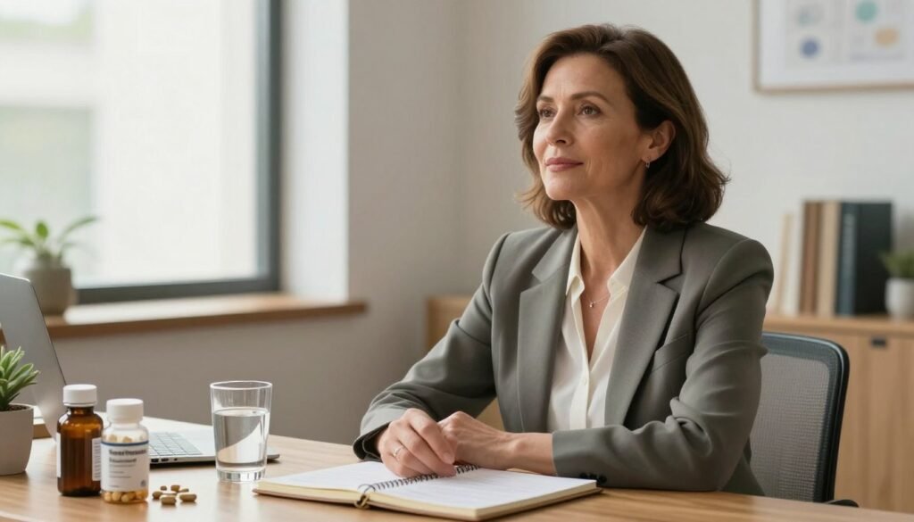 Perimenopause Treatment: Evidence-Based Options That Work 1 A calm and serene image depicting a professional woman in her early 50s, dressed in smart casual clothing, sitting in a well-lit, modern office environment. She is surrounded by symbols of perimenopause treatment, such as herbal supplements, a glass of water, and a notebook filled with notes about health management. The foreground focuses on her calm expression as she reflects on her journey, while the middle layer features the treatment items artistically arranged on a wooden desk. In the background, soft, natural light streams through a window, creating an inviting and hopeful atmosphere. The overall mood is uplifted, emphasizing empowerment and informed health choices. Editorial women’s health style, premium quality. Vidah Plena | Women's Health.