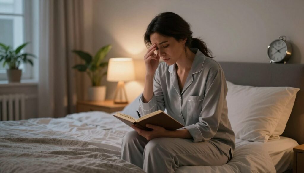 PMDD Insomnia: Sleep Problems Before Your Period Explained 2 A calm, peaceful bedroom scene illuminated by soft, warm lighting, featuring a woman in professional, cozy sleepwear sitting on the edge of her neatly made bed. She appears contemplative, holding a journal and a pen, reflecting on her emotions and struggles with PMDD. The room is decorated with calming colors, plants, and dimmed bedside lamps, creating a serene atmosphere. In the background, a soft-focus clock indicates late night, symbolizing insomnia. The overall mood is introspective and reflective, highlighting the impact of PMDD on sleep. Capture the essence of emotional complexity and tranquility in high-quality, detailed realism. Vidah Plena | Women's Health.