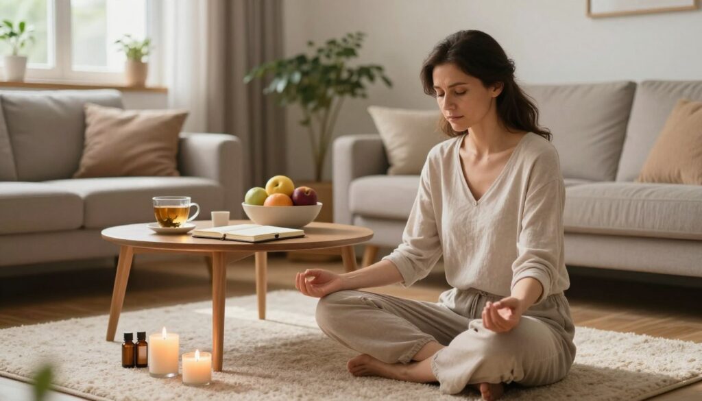 PMDD Fatigue: Why It Happens and How to Regain Energy 4 A calming, serene scene depicting a cozy, softly-lit living space designed for relaxation and self-care, focused on strategies to manage fatigue before menstruation due to PMDD. In the foreground, a woman in comfortable yet stylish modest casual clothing is practicing mindfulness, sitting cross-legged on a plush rug, surrounded by calming elements like candles and essential oils. In the middle, a small table displays a journal, herbal tea, and a bowl of fresh fruits, symbolizing self-nourishment. The background features a window with gentle daylight streaming in, illuminating plants and calming decor, suggesting tranquility. The overall mood is peaceful and nurturing, conveying a sense of empowerment and renewal in managing energy effectively. Premium quality, emotional, realistic editorial style for Vidah Plena | Women's Health.