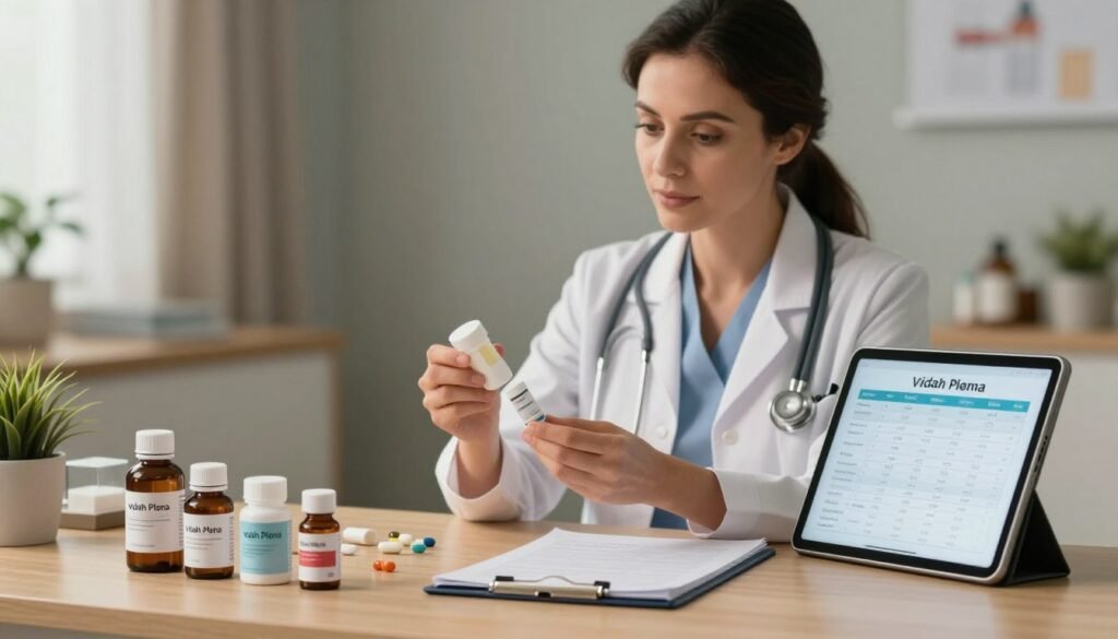 A carefully organized and professional workspace depicting hormone therapy as a medical treatment option. In the foreground, a table with various hormone therapy medications in neatly arranged bottles, alongside a notepad with a tablet displaying a hormone chart. In the middle ground, a female healthcare professional in business attire, examining the medications with a focused expression, exuding a sense of expertise and care. The background features a softly lit clinic environment, with calming colors and medical paraphernalia, enhancing a feeling of professionalism and trust. The lighting should be warm and inviting, captured with a soft-focus lens effect that emphasizes the thoughtful atmosphere of evidence-based treatment. Aim for a realistic portrayal that conveys hope and support for women experiencing perimenopause. Vidah Plena | Women's Health. A carefully organized and professional workspace depicting hormone therapy as a medical treatment option. In the foreground, a table with various hormone therapy medications in neatly arranged bottles, alongside a notepad with a tablet displaying a hormone chart. In the middle ground, a female healthcare professional in business attire, examining the medications with a focused expression, exuding a sense of expertise and care. The background features a softly lit clinic environment, with calming colors and medical paraphernalia, enhancing a feeling of professionalism and trust. The lighting should be warm and inviting, captured with a soft-focus lens effect that emphasizes the thoughtful atmosphere of evidence-based treatment. Aim for a realistic portrayal that conveys hope and support for women experiencing perimenopause. Vidah Plena | Women's Health.