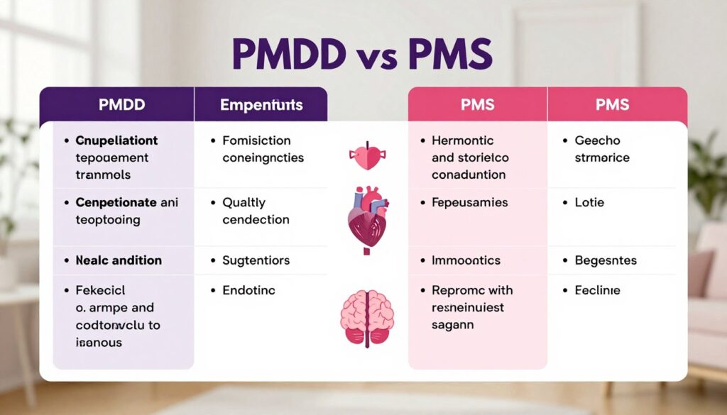 A clean and informative comparison table depicting "PMDD vs PMS" in a premium medical magazine style. The foreground features neatly arranged columns and rows labeled with key differences between PMDD and PMS, using distinct colors for easy readability. Each cell contains concise bullet points highlighting symptoms, emotional impacts, and treatment options. In the middle of the image, there are subtle medical illustrations of women's health symbols, like a heart and a brain, conveying empathy and understanding. The background is softly blurred with calming pastel tones to create a soothing atmosphere, emphasizing clarity and professionalism. Utilize bright, even lighting to enhance visibility, mimicking natural daylight. Overall, the image should reflect a safe and educational tone, representing the brand "Vidah Plena | women's health."