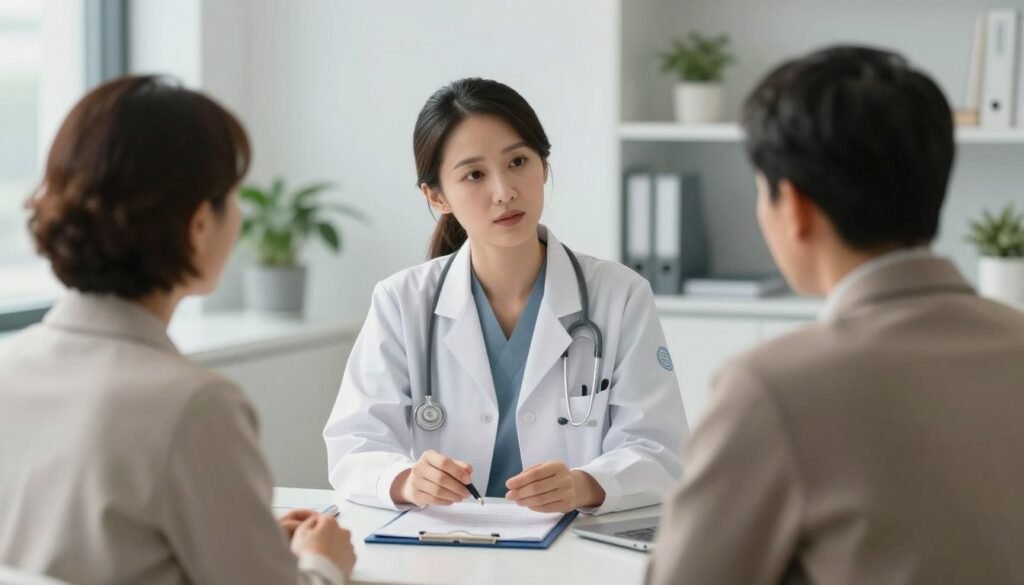 A clean, modern medical office interior with a comforting atmosphere, featuring a female doctor in a white coat discussing health options with a patient in her 40s, soft natural lighting, high quality, professional photography. A clean, modern medical office interior with a comforting atmosphere, featuring a female doctor in a white coat discussing health options with a patient in her 40s, soft natural lighting, high quality, professional photography.