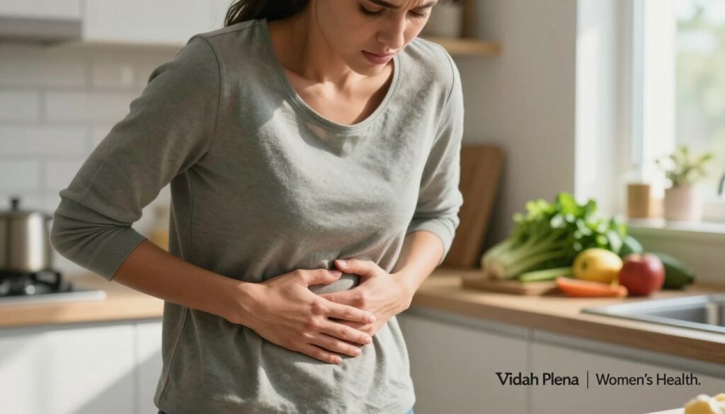 A close-up depiction of a woman in a modern kitchen, dressed in modest casual attire, gently holding her abdomen with a look of concern, reflecting the emotional experience of PMDD bloating. The foreground focuses on her hands resting on her stomach, illustrating discomfort, while the middle ground includes a light, airy kitchen setting with natural light streaming through a window, casting soft shadows. The background features healthy foods, like leafy greens and fruits, symbolizing relief strategies. The atmosphere conveys a blend of concern and hope, emphasizing the journey of managing PMDD symptoms. The image embodies a professional, editorial style, suitable for women's health photography, branded with "Vidah Plena | Women's Health."