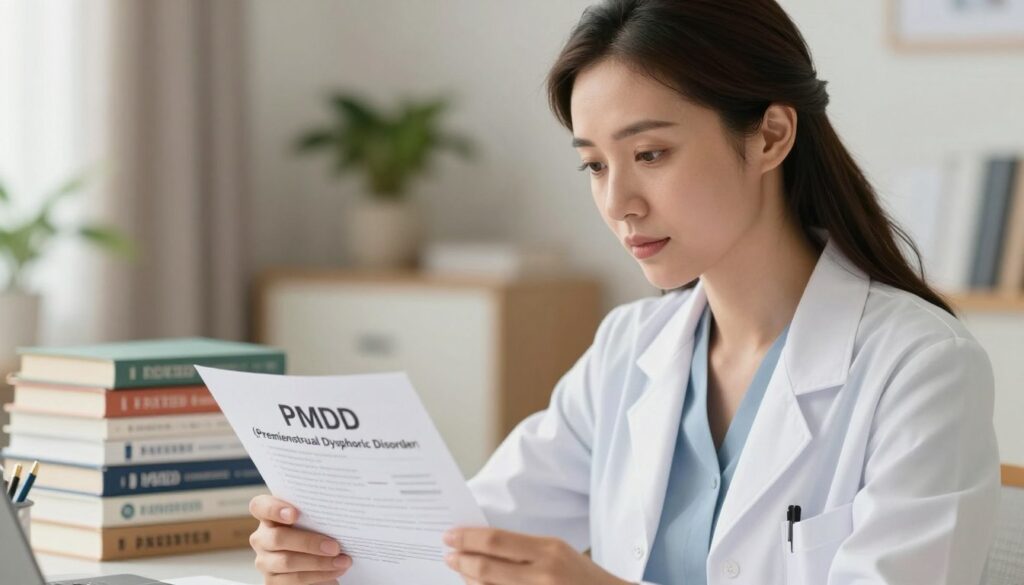 A close-up editorial image depicting a serene and composed woman, thoughtfully reading a medical report about PMDD (Premenstrual Dysphoric Disorder) in an elegantly styled doctor's office. She is dressed in professional business attire, exuding confidence and intelligence. The foreground features her face, with soft, natural lighting illuminating her expression, while in the middle ground, a well-organized, neatly stacked collection of medical books and charts on PMDD can be seen. The background is softly blurred, showcasing a cozy, inviting office space with pastel colors and plants, creating a calming atmosphere. This image is meant to reflect the gravity and importance of understanding PMDD within women's health. Vidah Plena | women's health. A close-up editorial image depicting a serene and composed woman, thoughtfully reading a medical report about PMDD (Premenstrual Dysphoric Disorder) in an elegantly styled doctor's office. She is dressed in professional business attire, exuding confidence and intelligence. The foreground features her face, with soft, natural lighting illuminating her expression, while in the middle ground, a well-organized, neatly stacked collection of medical books and charts on PMDD can be seen. The background is softly blurred, showcasing a cozy, inviting office space with pastel colors and plants, creating a calming atmosphere. This image is meant to reflect the gravity and importance of understanding PMDD within women's health. Vidah Plena | women's health.