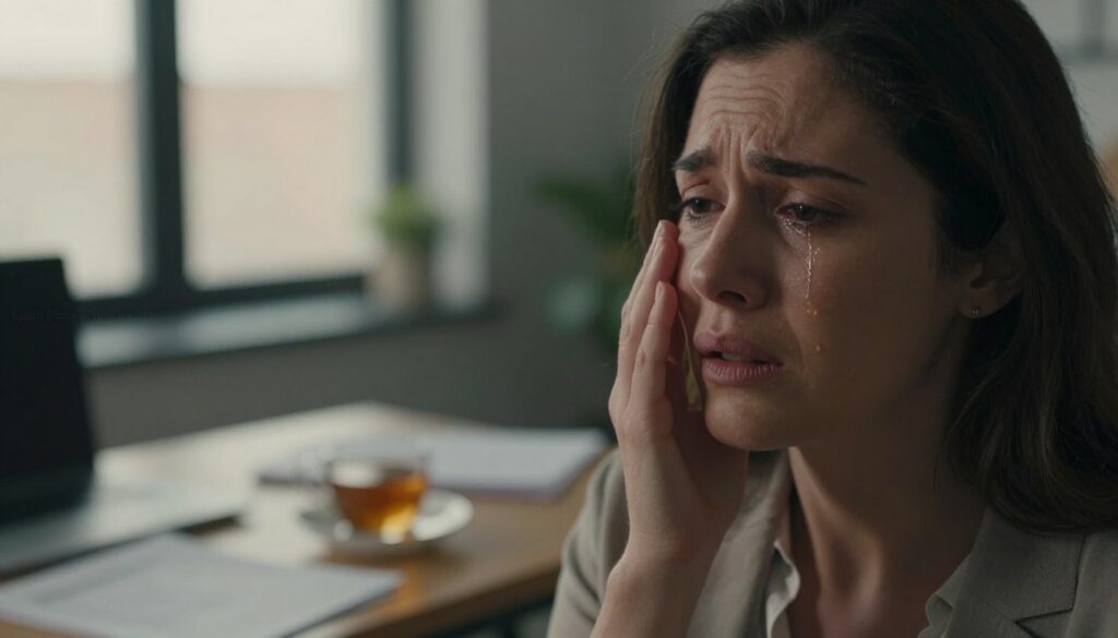A close-up, emotional portrait of a woman in her 30s experiencing a panic attack, set in a softly lit office environment. The foreground features her face, displaying a mixture of distress and contemplation, with tears glistening in her eyes. In the middle, the blurred interior of the office reveals a desk scattered with health-related documents and a cup of tea, symbolizing the struggle with PMDD. The background shows a window with gentle daylight filtering through, casting a warm glow, creating a contrast between the inner turmoil and the calm external environment. The mood is tense yet reflective, emphasizing the emotional weight of PMDD panic attacks. The image should convey premium quality, suitable for editorial purposes in women’s health, incorporating the brand name "Vidah Plena | Women's Health" in subtle detail. A close-up, emotional portrait of a woman in her 30s experiencing a panic attack, set in a softly lit office environment. The foreground features her face, displaying a mixture of distress and contemplation, with tears glistening in her eyes. In the middle, the blurred interior of the office reveals a desk scattered with health-related documents and a cup of tea, symbolizing the struggle with PMDD. The background shows a window with gentle daylight filtering through, casting a warm glow, creating a contrast between the inner turmoil and the calm external environment. The mood is tense yet reflective, emphasizing the emotional weight of PMDD panic attacks. The image should convey premium quality, suitable for editorial purposes in women’s health, incorporating the brand name "Vidah Plena | Women's Health" in subtle detail.