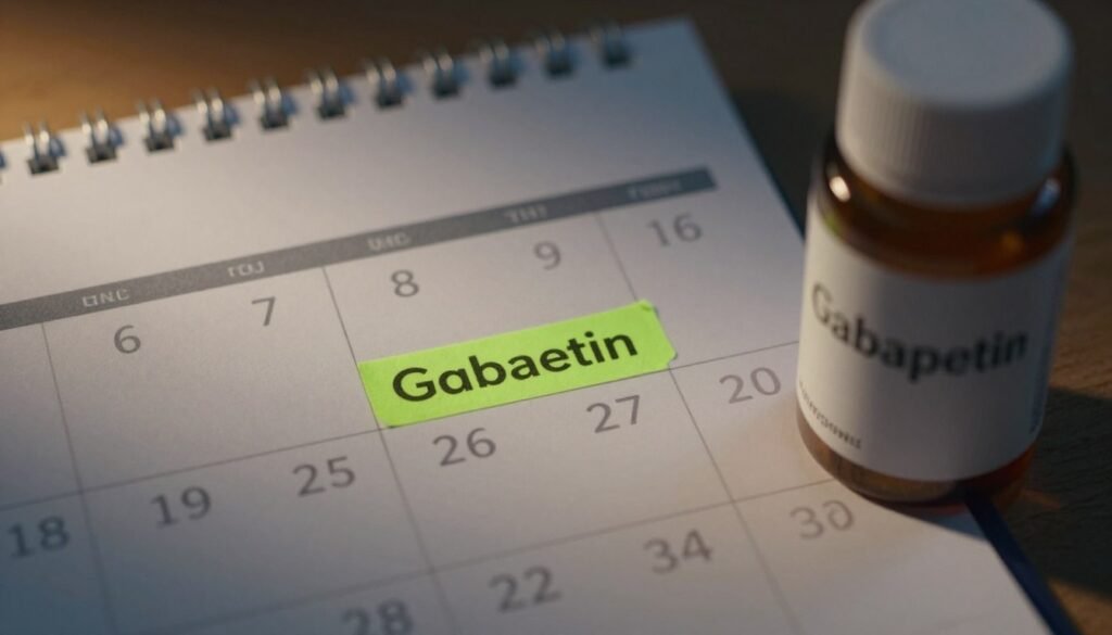 A close-up of a calendar with a bedtime medication reminder highlighted, a bottle of gabapentin nearby, soft evening lighting.