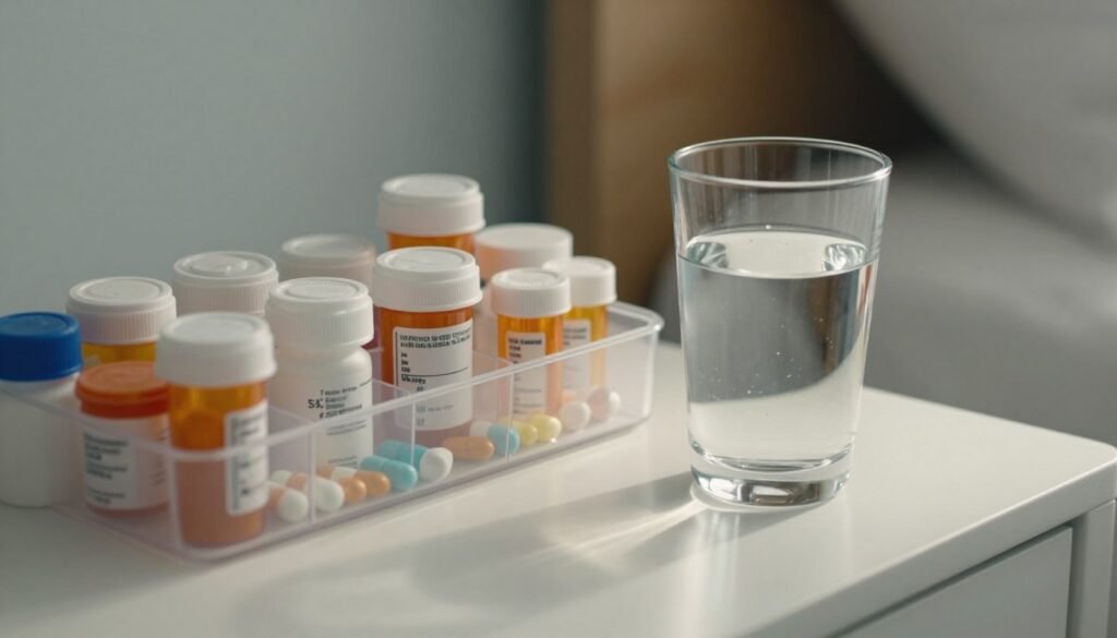 A close-up of a glass of water and a small organizer for prescription medications on a bedside table, soft morning light, clean and organized aesthetic.