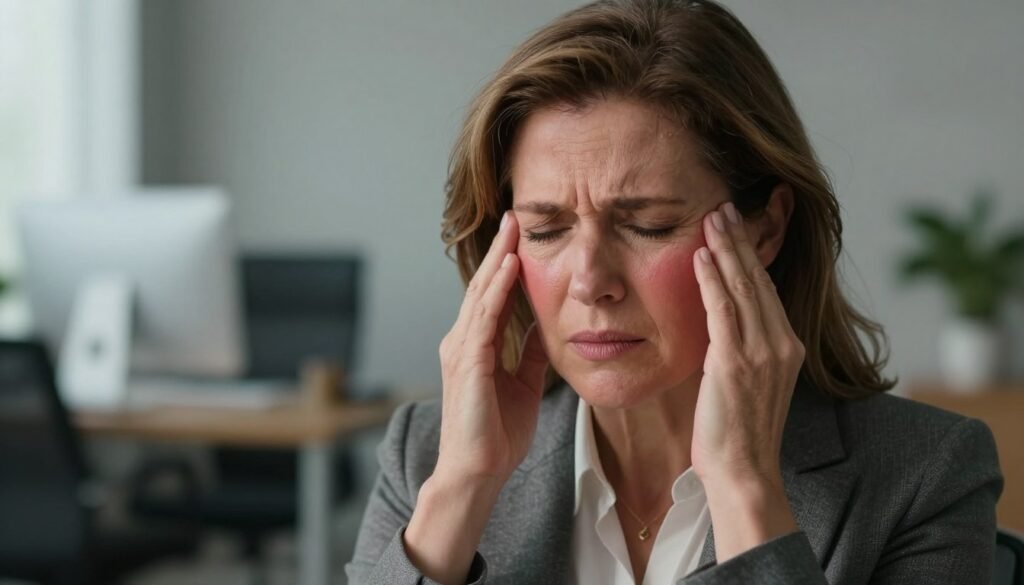 A close-up of a middle-aged woman in a professional business attire, her expression showing a mix of discomfort and contemplation as she experiences a hot flash. She is seated in a softly lit office environment with a focus on her face, emphasizing her glowing skin and slightly flushed cheeks. In the background, blurred elements of a modern office can be discerned, like a desk, computer, and indoor plants, enhancing the setting. The lighting is warm and inviting, creating a sense of intimacy while illustrating her physical experience. The atmosphere conveys a moment of vulnerability and strength. This image should capture the essence of the early signs of perimenopause, reflecting the topic's seriousness and significance. Vidah Plena | Women's Health.