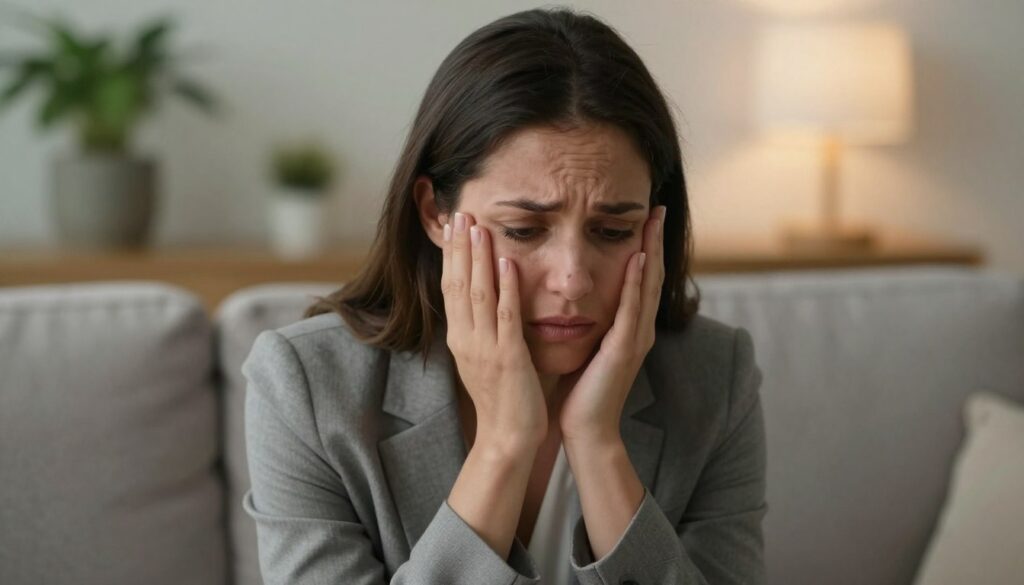 A close-up of a woman in a serene, yet emotionally expressive pose, reflecting feelings of anxiety and distress related to PMDD and panic attacks. She is sitting comfortably on a soft, neutral-colored couch, wearing professional business attire in muted tones. Her facial expression conveys a mixture of concern and introspection, her hands gently clasped together, with a soft focus on her eyes that show vulnerability. In the background, a softly lit room filled with calming, natural elements like potted plants and warm ambient light creates a tranquil atmosphere, emphasizing the emotional weight of the moment. The composition captures the essence of mental health in women's lives, aiming for a premium quality look, by Vidah Plena | Women's Health. A close-up of a woman in a serene, yet emotionally expressive pose, reflecting feelings of anxiety and distress related to PMDD and panic attacks. She is sitting comfortably on a soft, neutral-colored couch, wearing professional business attire in muted tones. Her facial expression conveys a mixture of concern and introspection, her hands gently clasped together, with a soft focus on her eyes that show vulnerability. In the background, a softly lit room filled with calming, natural elements like potted plants and warm ambient light creates a tranquil atmosphere, emphasizing the emotional weight of the moment. The composition captures the essence of mental health in women's lives, aiming for a premium quality look, by Vidah Plena | Women's Health.