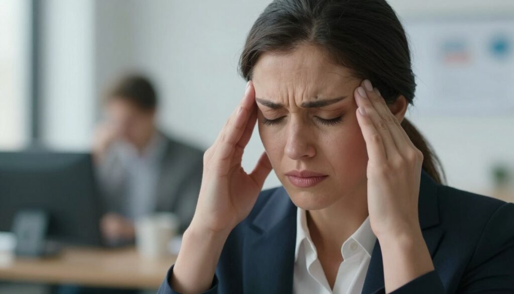 PMDD Headaches: Causes, Triggers, and Treatment Options 3 A close-up of a woman in her 30s, dressed in professional business attire, holding her head in discomfort, representing the struggle of PMDD migraines. Her expression is one of moderate pain mixed with determination. The foreground captures her in soft, natural light, emphasizing her facial features and the emotional weight of the moment. In the middle ground, a blurred office setting suggests a busy work environment, enhancing the contrast between her discomfort and the surrounding activity. The background features subtle hints of stressors, like papers and a computer screen, contributing to the visual narrative of PMDD headaches. The atmosphere is serious yet hopeful. Shot with a shallow depth of field to focus on the woman, create a sense of intimacy while maintaining a professional tone suitable for women's health discussions. Vidah Plena | Women's Health.