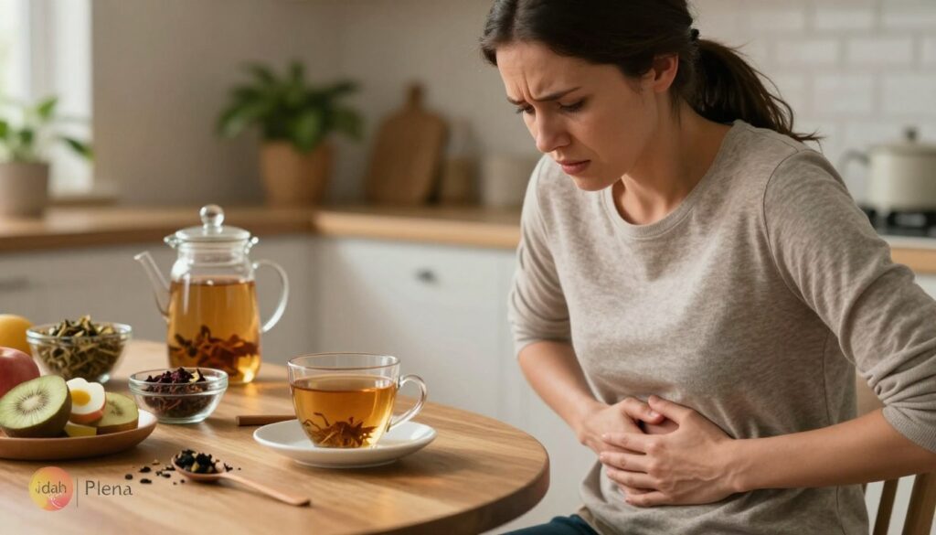A close-up of a woman in modest casual clothing, sitting at a cozy kitchen table, looking distressed while holding her stomach, illustrating the discomfort caused by PMDD bloating. The foreground shows her hands gently pressing on her abdomen, with a concerned expression on her face. In the middle, an array of healthy foods and herbal teas arranged neatly, symbolizing natural relief strategies. The background features warm, soft lighting with plants and calming colors, creating a soothing atmosphere. Add a sense of realism and emotion to the scene, emphasizing the struggle of managing PMDD symptoms. Editorial women’s health focus, premium quality. Vidah Plena | Women's Health logo subtly incorporated into the image design.