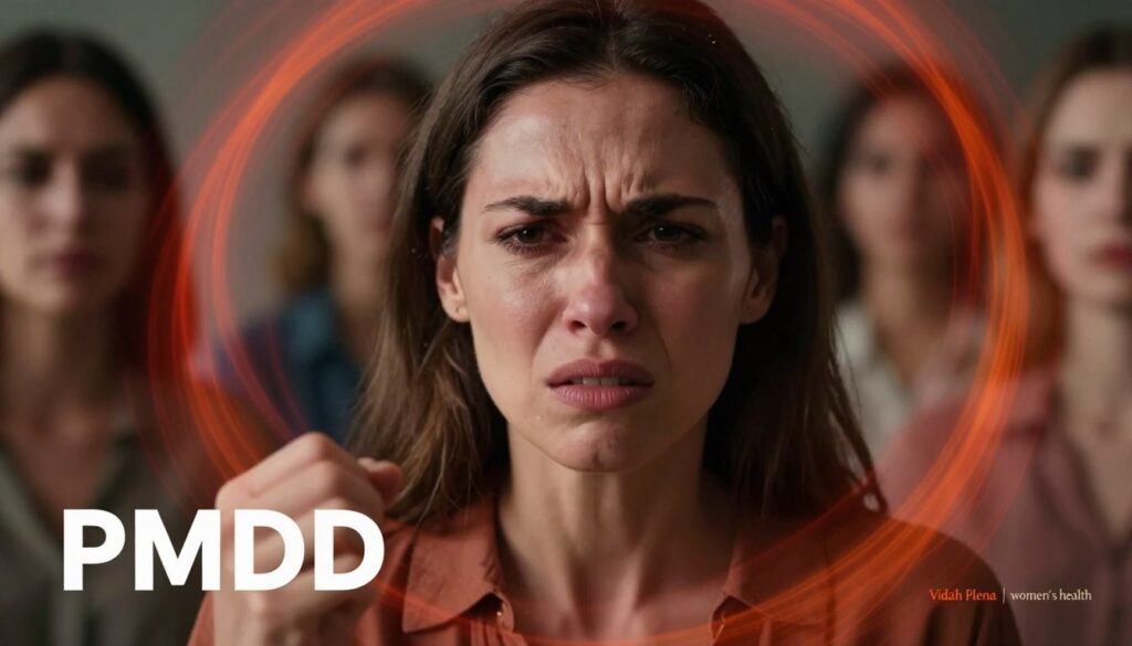 A close-up portrait of a woman deeply experiencing PMDD rage, capturing intense emotions on her face. She has a furrowed brow and clenched jaw, surrounded by swirling colors of red and orange that visually represent her inner turmoil. In the foreground, her hand is slightly raised, as if holding back an emotional surge. The middle ground features soft, blurred silhouettes of supportive friends, represented in muted tones to symbolize empathy and understanding. The background is an abstract blend of dark hues, creating a dramatic atmosphere. Natural lighting highlights her features, providing depth and contrast. This image should reflect the complexities of PMDD rage while adhering to a professional women's health editorial style, suitable for "Vidah Plena | women's health".