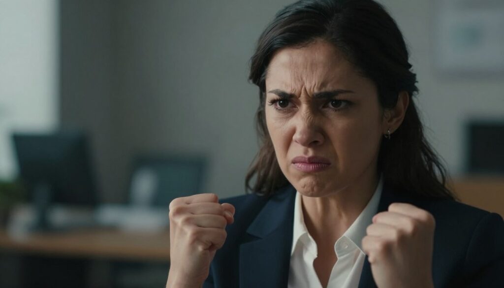 A close-up portrait of a woman expressing intense hormonal anger, capturing her emotional turmoil. She is dressed in a professional business attire, with sharp features reflecting frustration and stress. In the foreground, her clenched fists and furrowed brows convey an overwhelming sense of rage. The middle ground showcases subtle, chaotic elements like distorted shadows and abstract shapes to symbolize internal chaos. In the background, a blurred office environment implies a typical daily setting, focusing on her emotional struggle. Soft, dramatic lighting enhances the mood, casting shadows that emphasize her expression. The image should evoke empathy and understanding, styled for a premium medical magazine like Vidah Plena | women's health, using a shallow depth of field to draw attention to her face.