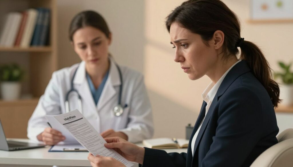 A close-up scene in a cozy, softly lit doctor's office, conveying a contemplative mood. In the foreground, a realistic woman in her thirties, dressed in professional business attire, sits on an examination table, looking worried and thoughtful as she holds a medical questionnaire in her hands. Her facial expression reflects confusion and concern about her health. In the middle ground, a healthcare professional, also in business attire, is reviewing medical documents on a desk, appearing sympathetic and engaged. The background features calming colors, a shelf with medical books, and a subtle potted plant, creating an atmosphere of trust and care. The lighting is warm and inviting, emphasizing the human element of the consultation. Editorial women's health photography style, suitable for a premium medical magazine. Vidah Plena | women's health.