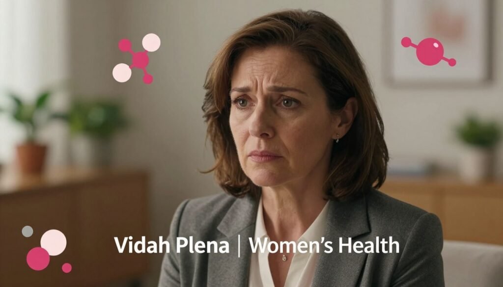 Perimenopause Anxiety: Why It Happens and What Can Help 2 A close-up shot of a middle-aged woman in a cozy, softly lit office environment, dressed in professional business attire, reflecting a mix of concern and contemplation related to perimenopause anxiety. Her eyes convey an emotional depth, hinting at the internal struggle between hormonal shifts and mood fluctuations. Surrounding her, subtle symbols of hormones and biology, like stylized molecules or abstract representations of mood, blend into the background. The room is decorated with plants and calming colors, promoting a sense of comfort. The soft focus on her face, combined with warm lighting, creates an intimate atmosphere that resonates with audiences seeking understanding. The image is high resolution, embodying a premium quality aesthetic that aligns with the brand name "Vidah Plena | Women's Health".