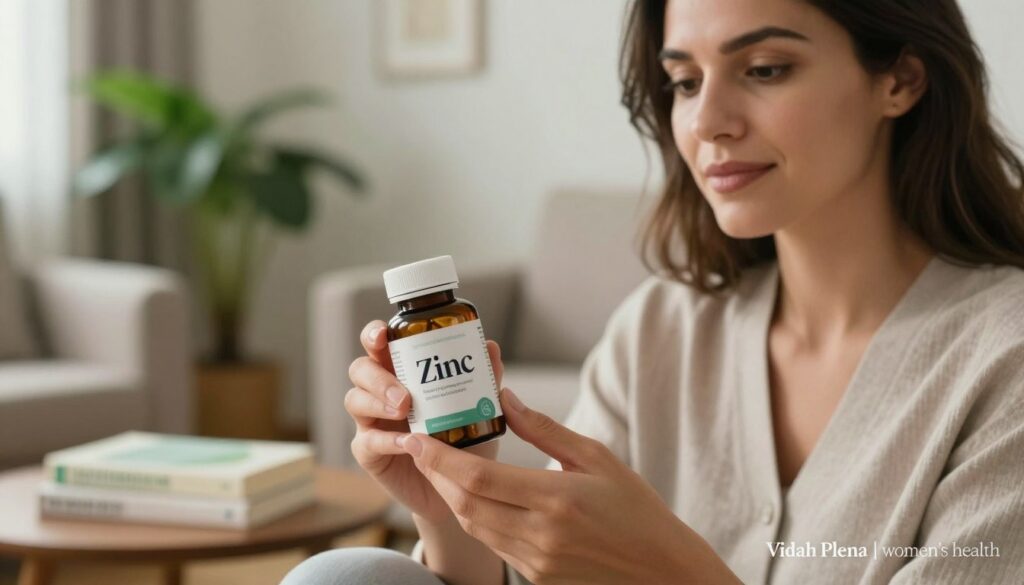 A close-up shot of a woman in a calm and serene setting, emphasizing her thoughtful expression as she examines a bottle of zinc supplements. In the foreground, focus on the bottle prominently labeled with "Zinc" in an elegant, minimalist design. The middle ground features the woman's hands gently holding the bottle, her skin reflecting soft natural light. In the background, a cozy, softly-lit living room with green plants and a small table highlighting a few health-related books. The atmosphere is warm and inviting, conveying a sense of wellness and self-care. The image aligns with a premium medical magazine style, embodying professionalism and expertise. Ensure the woman is dressed in modest casual clothing. Add a subtle watermark of "Vidah Plena | women's health" for brand identification.