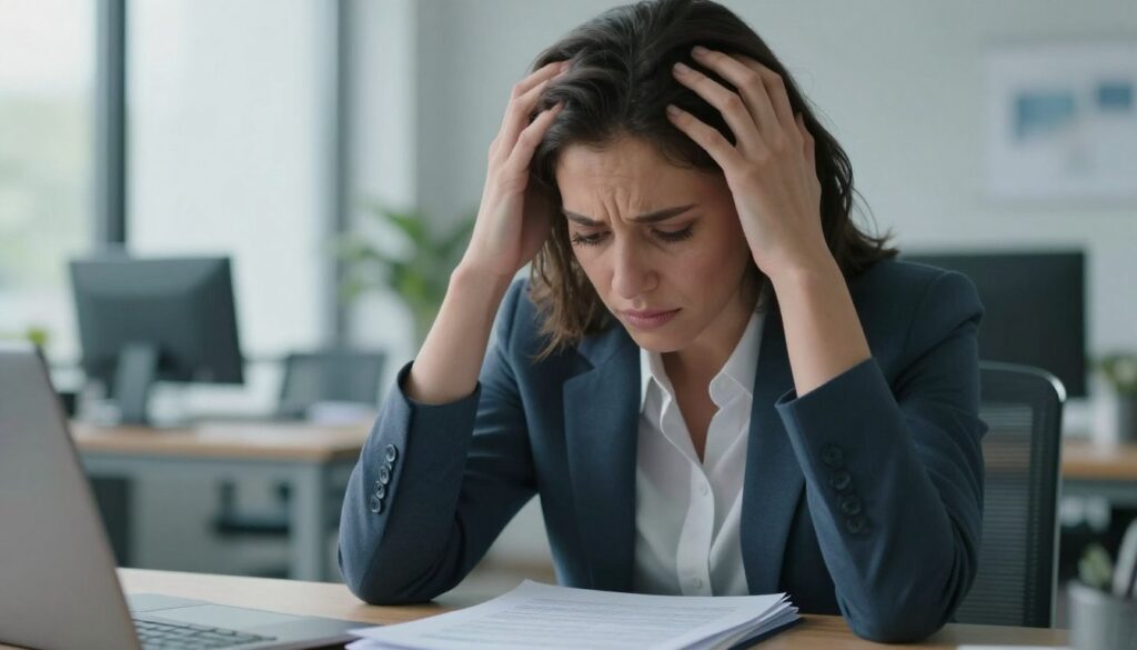 A close-up shot of a woman in a professional business attire sitting at a modern office desk, her face expressing deep contemplation and mild distress. Her hands grasp her hair as she looks down at a stack of paperwork, illustrating the pressure of stress enhanced by PMDD. In the background, soft, diffused lighting creates a calming atmosphere, with hints of greenery visible through a large window, symbolizing hope. The color palette consists of muted blues and soft greys to evoke a sense of seriousness yet warmth. The scene is captured from a slightly elevated angle, giving an intimate view of her struggle. The image should convey the palpable connection between stress and PMDD, suitable for an editorial women's health magazine. Vidah Plena | women's health. A close-up shot of a woman in a professional business attire sitting at a modern office desk, her face expressing deep contemplation and mild distress. Her hands grasp her hair as she looks down at a stack of paperwork, illustrating the pressure of stress enhanced by PMDD. In the background, soft, diffused lighting creates a calming atmosphere, with hints of greenery visible through a large window, symbolizing hope. The color palette consists of muted blues and soft greys to evoke a sense of seriousness yet warmth. The scene is captured from a slightly elevated angle, giving an intimate view of her struggle. The image should convey the palpable connection between stress and PMDD, suitable for an editorial women's health magazine. Vidah Plena | women's health.