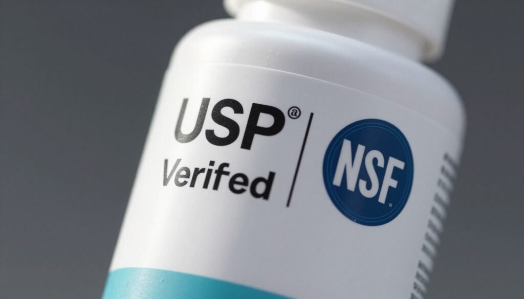 A close-up shot of the USP Verified Mark and NSF certification seal on the side of a white vitamin bottle.