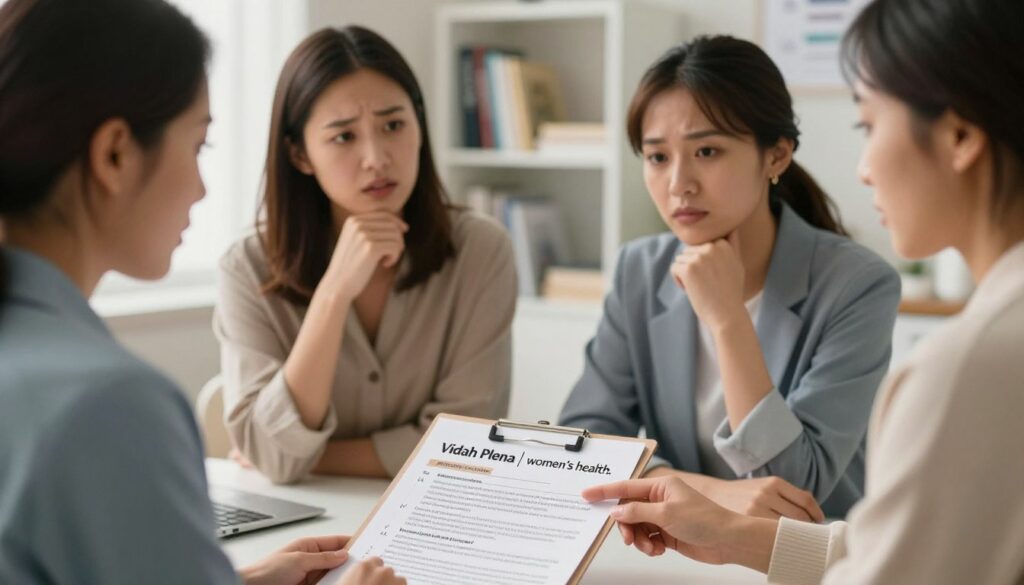 A close-up view of a diverse group of three women in professional attire sitting in a well-lit medical office, discussing PMDD triggers. The foreground features a medical chart on the table summarizing biological factors like hormonal changes, neurotransmitter imbalances, and genetic predispositions. In the middle ground, the women are engaged in conversation, with one woman pointing at the chart and another nodding thoughtfully, reflecting concern and understanding. The background contains a softly blurred bookshelf filled with medical textbooks and research on women's health, adding context. The lighting is bright and warm, creating a supportive and informative atmosphere. This scene embodies the essence of women's health education, ideal for a premium medical magazine style, branded with "Vidah Plena | women's health."