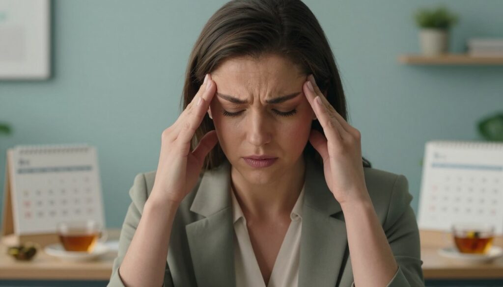 PMDD Headaches: Causes, Triggers, and Treatment Options 2 A close-up view of a woman in professional attire sitting at a desk, gently massaging her temples while displaying a thoughtful expression, reflecting the discomfort of PMDD headaches. In the background, a softly lit office environment with calming colors, like pale blues and greens, evokes a sense of both stress and tranquility. A subtle hint of hormonal change is represented through visual elements like a calendar marked with menstrual cycles, contrasting with soothing herbal teas on the desk. The lighting is warm and soft, creating an intimate and relatable atmosphere. The overall mood conveys both the physical pain of the headaches and the emotional struggle related to hormonal changes. Image quality should be high, realistic, and premium, suitable for women's health editorial content. Vidah Plena | Women's Health.