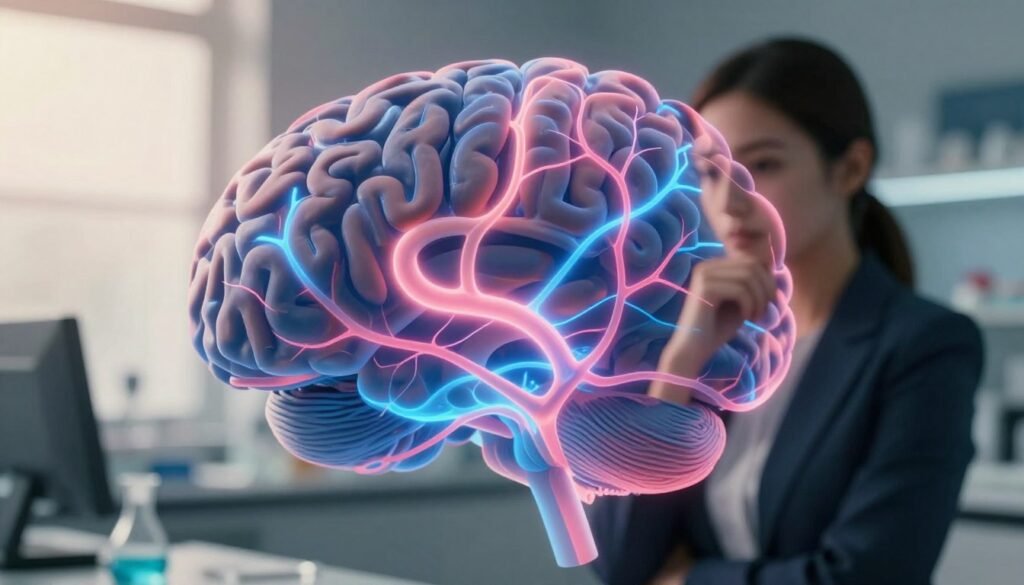 A close-up visualization of an abstract brain, emphasizing areas of neural activity related to ADHD and estrogen. The foreground features vibrant, glowing neural pathways highlighted in shades of blue and pink, symbolizing the influence of estrogen. In the middle ground, a slightly blurred silhouette of a woman in professional business attire, looking contemplative, conveys the emotional complexities of ADHD symptoms. The background showcases a soft-focus laboratory setting with warm, natural lighting, creating an inviting and professional atmosphere. The overall mood is thoughtful and insightful, aiming to reflect the connection between brain function and hormonal influences in a compelling, visually engaging manner.