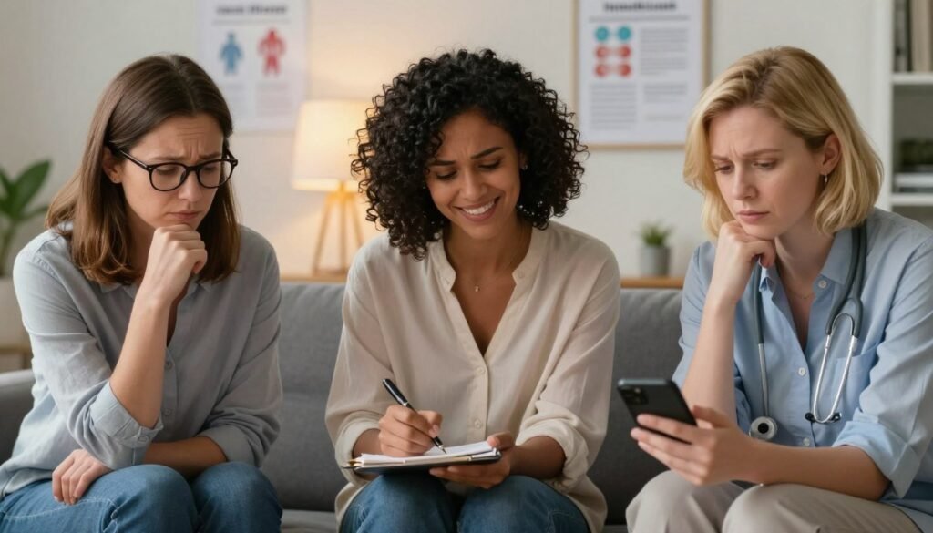 Perimenopause vs Thyroid Problems: How to Recognize the Difference 4 A collage of three diverse women in a cozy, well-lit office environment, each illustrating different thyroid symptoms while engaged in discussion with a healthcare professional. The woman on the left, with medium-length brown hair and glasses, appears fatigued and contemplative. In the center, a woman with curly black hair and a warm smile jots down notes, showing signs of anxiety. The woman on the right, with short blonde hair, looks focused but worried, glancing at her smartphone. The setting features warm lighting that promotes an inviting atmosphere, with medical charts and health literature subtly in the background. This image conveys a mood of support and understanding in the context of women’s health. Editorial style, premium quality, for Vidah Plena | Women's Health.