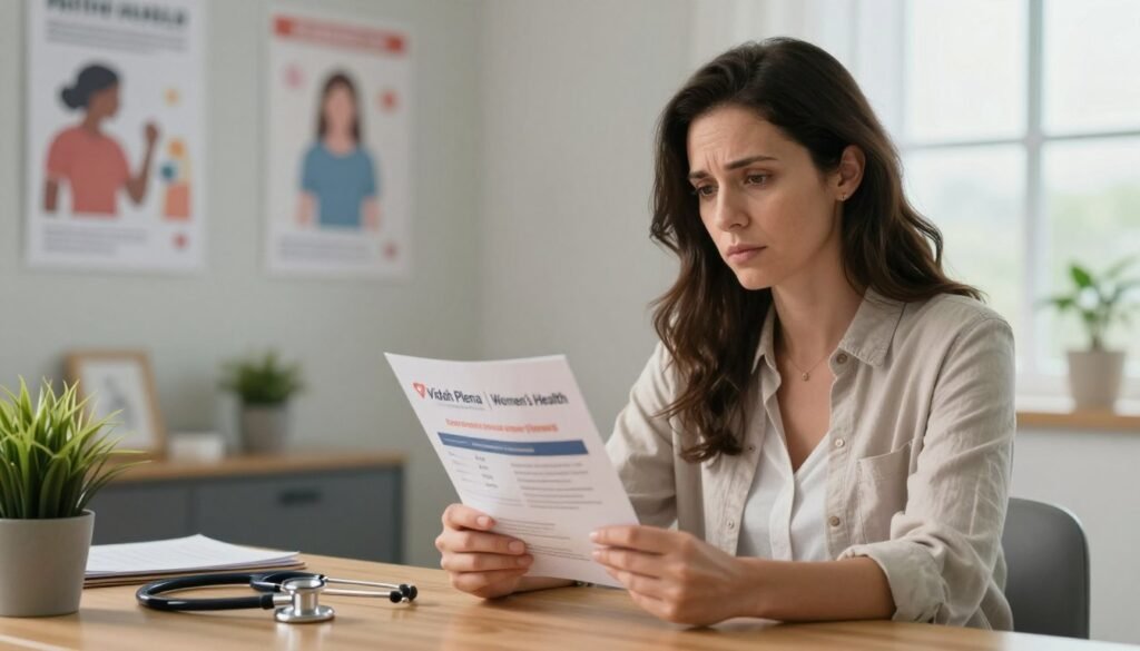 Perimenopause Depression: Symptoms, Causes, and Treatment 2 A concerned, professional woman in a modest, casual outfit sits in a well-lit, comfortable doctor's office, looking thoughtfully at a brochure about mental health awareness. In the foreground, there's a wooden desk with a stethoscope and a potted plant, symbolizing health and wellness. In the middle ground, a soft-focus wall displays health posters, reinforcing the importance of seeking help during emotional distress. The background features a window with natural light streaming in, creating an atmosphere of hope and clarity. The mood is serious yet reassuring, emphasizing the importance of addressing mental health concerns. The image quality is premium, reflecting the brand "Vidah Plena | Women's Health", capturing the essence of women's health discussions in a supportive environment.