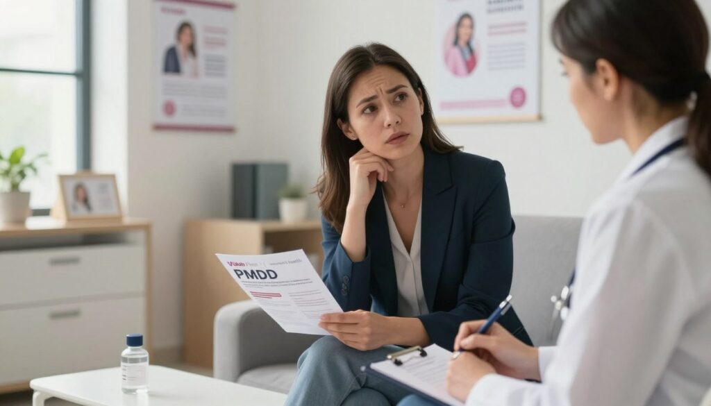 A concerned woman in her 30s, dressed in professional business attire, sits in a well-lit, modern doctor's office. She is looking thoughtfully at a pamphlet about PMDD while gesturing toward a doctor, who is attentively listening and taking notes. The background features a clean, organized consultation space with medical posters on the walls highlighting women's health. Light streams in through large windows, creating a warm and inviting atmosphere, signifying hope and support. A subtle focus on the doctor conveys professionalism, while the composition emphasizes the importance of seeking medical help. The image is reflective of editorial women’s health photography, designed for a premium medical magazine style. The brand name "Vidah Plena | women's health" is implicitly integrated through the visual elements of care and empowerment.