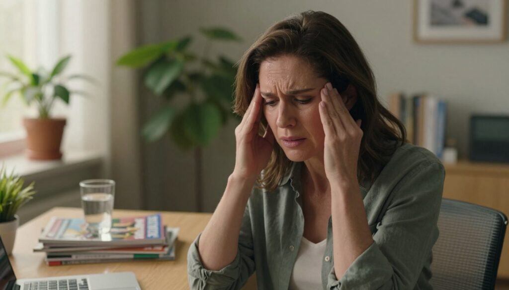 A concerned woman in her 40s experiencing a hot flash, depicted in a cozy, softly lit office environment. In the foreground, her face shows a mix of discomfort and surprise, with beads of sweat forming on her forehead, highlighting the physical symptom of a hot flash. The middle ground features a desk cluttered with health magazines and a glass of water, symbolizing the quest for relief. The background presents a calming atmosphere with potted plants and warm natural light filtering through a window, suggesting a serene yet realistic setting. The overall mood is one of relatable struggle and resilience. The image should be styled as premium editorial photography for women's health, in line with Vidah Plena | women's health standards.