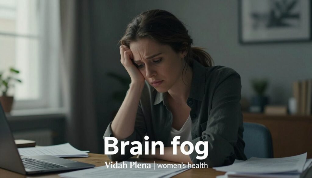 A contemplative woman in her late 20s sits at a cluttered desk, her expression reflecting a mix of confusion and exhaustion, embodying the concept of "brain fog" before her period. She is dressed in smart casual attire, with her hair loosely tied back, and papers scattered around her, symbolizing scattered thoughts. The background features dim lighting, with a soft focus on a window allowing gentle, diffused daylight to filter in, creating a serene yet introspective atmosphere. The image should evoke a sense of struggle with clarity and concentration, capturing the essence of PMDD's impact on cognition. The style is editorial, reminiscent of premium medical magazine photography, clearly labeled "Vidah Plena | women's health" to emphasize the focus on women’s health issues. A contemplative woman in her late 20s sits at a cluttered desk, her expression reflecting a mix of confusion and exhaustion, embodying the concept of "brain fog" before her period. She is dressed in smart casual attire, with her hair loosely tied back, and papers scattered around her, symbolizing scattered thoughts. The background features dim lighting, with a soft focus on a window allowing gentle, diffused daylight to filter in, creating a serene yet introspective atmosphere. The image should evoke a sense of struggle with clarity and concentration, capturing the essence of PMDD's impact on cognition. The style is editorial, reminiscent of premium medical magazine photography, clearly labeled "Vidah Plena | women's health" to emphasize the focus on women’s health issues.