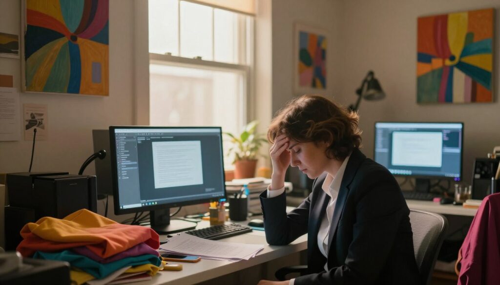 A cozy, intimate room filled with a variety of vibrant textures and colors, showcasing the experience of sensory overload. In the foreground, a person wearing professional business attire sits at a desk, visibly overwhelmed, with their hand on their forehead, surrounded by scattered papers, glowing screens, and brightly colored fabrics. The middle layer includes a window with sunlight streaming in, casting soft, warm hues across the scene. Paintings and abstract art hang on the walls, adding to the visual noise. In the background, soft, blurred shapes hint at clutter and distractions, creating an atmosphere of chaos. The lighting is warm and diffused, promoting a sense of both warmth and discomfort, reflecting the emotional weight of heightened sensitivity. Editorial style, premium quality, with a focus on human emotion. Vidah Plena | Women's Health. A cozy, intimate room filled with a variety of vibrant textures and colors, showcasing the experience of sensory overload. In the foreground, a person wearing professional business attire sits at a desk, visibly overwhelmed, with their hand on their forehead, surrounded by scattered papers, glowing screens, and brightly colored fabrics. The middle layer includes a window with sunlight streaming in, casting soft, warm hues across the scene. Paintings and abstract art hang on the walls, adding to the visual noise. In the background, soft, blurred shapes hint at clutter and distractions, creating an atmosphere of chaos. The lighting is warm and diffused, promoting a sense of both warmth and discomfort, reflecting the emotional weight of heightened sensitivity. Editorial style, premium quality, with a focus on human emotion. Vidah Plena | Women's Health.