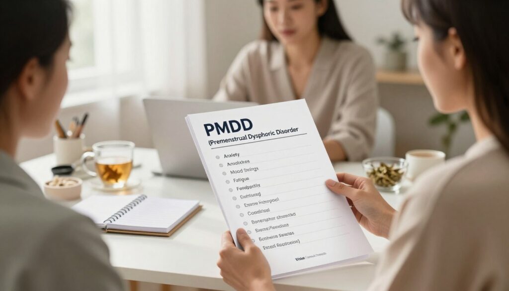 A detailed PMDD (Premenstrual Dysphoric Disorder) emotional symptom checklist visual, featuring a clean and organized layout. In the foreground, a professional-looking checklist with bullet points detailing symptoms such as anxiety, mood swings, fatigue, and irritability, designed in a modern and minimalist style. The middle ground showcases a serene, softly lit office environment indicating a sense of calmness and focus. In the background, blurred elements of a well-organized desk with health-related items like a planner and herbal teas, enhancing the wellness theme. Soft natural light from a window casts gentle shadows, creating an inviting atmosphere. Editorial women's health photography style with realistic women in modest casual clothing discussing the checklist. The brand name "Vidah Plena | women's health" subtly integrated into the design, ensuring a premium medical magazine look and feel.