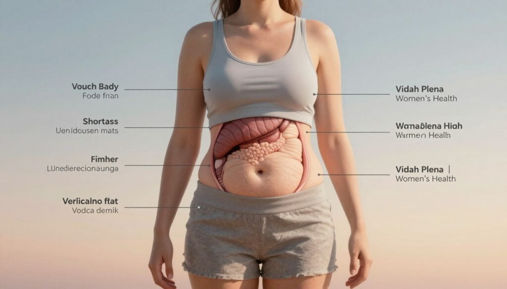 A detailed anatomical illustration depicting visceral fat distribution in the human body, specifically highlighting the abdominal area. The foreground should feature a semi-transparent silhouette of a woman dressed in modest casual clothing, showcasing the layers of fat around the organs in a clear and educational manner. In the middle ground, include labeled sections indicating various health impacts of visceral fat, rendered in a clean, professional style. The background should be a soft gradient in soothing colors to create a calm atmosphere, suggesting health and wellness. Use natural lighting with soft shadows to enhance depth, captured from a slightly elevated angle to better visualize the body composition. The overall mood should be informative yet approachable, emphasizing women's health and body awareness. Incorporate the brand name "Vidah Plena | Women's Health" subtly within the design for a polished finish.