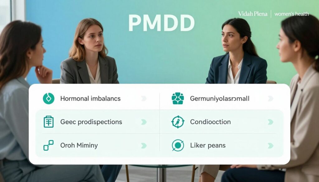 A detailed and informative illustration depicting the various causes and risk factors of PMDD, designed for a premium medical magazine. The foreground features a clear, organized comparison table highlighting the main causes, such as hormonal imbalances, genetic predispositions, and environmental influences, symbolized with icons representing each factor. The middle ground presents a gradient background, blending calming colors like soft blues and greens to evoke a sense of clarity and tranquility. Subtle illustrations of realistic women in professional business attire appear alongside the table, portrayed in thoughtful discussion. The atmosphere is serious yet hopeful, emphasizing scientific inquiry and understanding. The image reflects editorial women's health photography with a polished look. Include the brand name "Vidah Plena | women's health" subtly integrated in the corner, ensuring it harmonizes with the overall design.