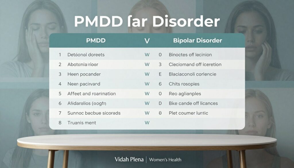 A detailed comparison table illustrating the differences and similarities between PMDD and Bipolar Disorder, surrounded by a visually engaging backdrop of overlapping images representing each condition. In the foreground, a sleek, modern table displays key points of contrast in a clean, organized manner. The middle layer features soft, diffused lighting to enhance clarity, with neutral, calm colors like blues and greens that evoke a sense of understanding. The background consists of subtle abstract patterns symbolizing emotional fluctuations, depicting both calm and chaotic elements to represent the mood variations in both conditions. The overall atmosphere is professional and informative, suitable for a women's health audience. The brand name "Vidah Plena | Women's Health" is subtly integrated into the design, ensuring a premium quality presentation. A detailed comparison table illustrating the differences and similarities between PMDD and Bipolar Disorder, surrounded by a visually engaging backdrop of overlapping images representing each condition. In the foreground, a sleek, modern table displays key points of contrast in a clean, organized manner. The middle layer features soft, diffused lighting to enhance clarity, with neutral, calm colors like blues and greens that evoke a sense of understanding. The background consists of subtle abstract patterns symbolizing emotional fluctuations, depicting both calm and chaotic elements to represent the mood variations in both conditions. The overall atmosphere is professional and informative, suitable for a women's health audience. The brand name "Vidah Plena | Women's Health" is subtly integrated into the design, ensuring a premium quality presentation.