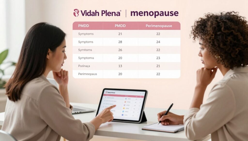 A detailed comparison table illustrating the symptoms of PMDD and perimenopause, set against a soft, light pastel background. In the foreground, feature two realistic women in modest, professional attire, sitting together at a clean, modern office desk, observing a digital tablet displaying the symptom chart. The first woman, of Asian descent, points thoughtfully at the screen, while the second woman, of African descent, takes notes, both showing expressions of contemplation. In the middle ground, a visually appealing and organized symptom table is visible, providing a clear distinction between symptoms of PMDD and perimenopause. The background is softly blurred to maintain focus on the women and the table, with warm, natural lighting to convey a calm, informative atmosphere. The overall mood is supportive and professional, suitable for a premium medical magazine, branded with "Vidah Plena | women’s health."