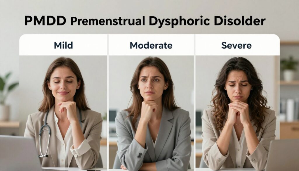 A detailed comparison table visualizing the severity of PMDD (Premenstrual Dysphoric Disorder) with three distinct columns labeled "Mild," "Moderate," and "Severe." In the foreground, represent subtle visual cues for each severity level, using images of three different women in professional attire, each showcasing expressions that embody their experience: a serene smile for mild, a contemplative pose for moderate, and a distressed look for severe. The middle layer presents a clean and minimalist table with color-coded sections for clarity, while the background features a soft-focus, calming medical office environment with neutral colors and gentle lighting. Aim for a premium editorial women's health photography style suitable for a medical magazine, incorporating the brand visuals of "Vidah Plena | women's health" in a tasteful yet impactful manner. A detailed comparison table visualizing the severity of PMDD (Premenstrual Dysphoric Disorder) with three distinct columns labeled "Mild," "Moderate," and "Severe." In the foreground, represent subtle visual cues for each severity level, using images of three different women in professional attire, each showcasing expressions that embody their experience: a serene smile for mild, a contemplative pose for moderate, and a distressed look for severe. The middle layer presents a clean and minimalist table with color-coded sections for clarity, while the background features a soft-focus, calming medical office environment with neutral colors and gentle lighting. Aim for a premium editorial women's health photography style suitable for a medical magazine, incorporating the brand visuals of "Vidah Plena | women's health" in a tasteful yet impactful manner.