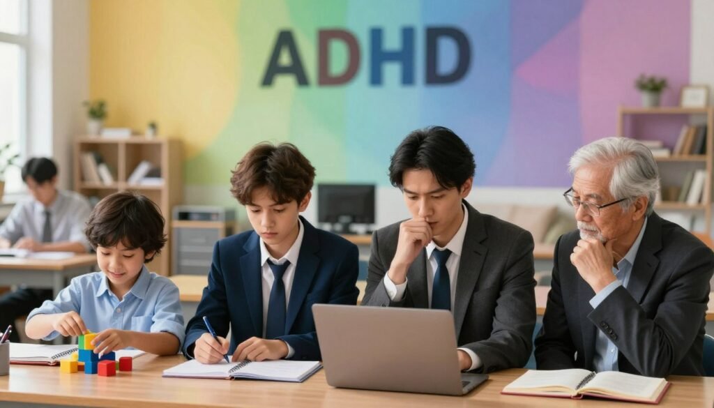 A detailed illustration depicting ADHD symptoms throughout various life stages in an editorial style. In the foreground, feature four individuals representing childhood, adolescence, adulthood, and older age, dressed in professional business attire. The child engages in fidgeting with toys, the teenager appears distracted while studying, the adult shows signs of multitasking stress, and the elderly person reflects on memories with a thoughtful expression. In the middle ground, include soft-focus elements like a classroom, a bustling office, and a peaceful home environment. The background showcases a gradient of warm and cool colors, symbolizing the spectrum of emotional experiences associated with ADHD. Use natural lighting to create an uplifting and empathetic atmosphere, with a slight vignette effect for depth.