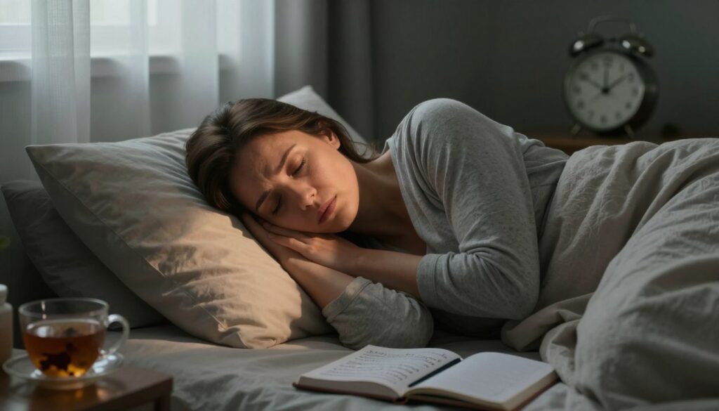 PMDD Fatigue: Why It Happens and How to Regain Energy 3 A dimly lit, cozy bedroom scene featuring a woman in modest casual clothing, resting on her bed with a weary expression that conveys the heaviness of PMDD fatigue. She is surrounded by soft pillows and a light blanket, with a gentle morning light filtering through sheer curtains, casting a warm, calming glow. In the background, a clock shows early morning hours, hinting at a struggle to rise. Subtle details like a journal with notes on self-care and a cup of herbal tea on a bedside table enhance the atmosphere. The composition captures the emotional weight of fatigue while emphasizing a sense of hope and the search for vitality. High-resolution, editorial-style photography focusing on realism and emotion. Vidah Plena | Women's Health.