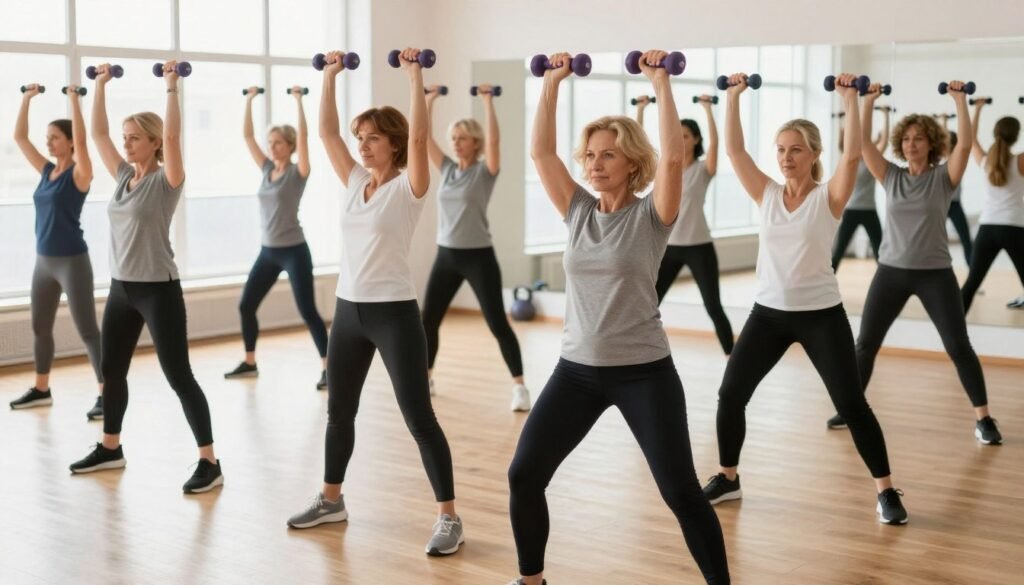 A diverse group of middle-aged women in a bright, modern gym setting participating in a guided strength training class with dumbbells and kettlebells, professional and empowering atmosphere, high quality photography.