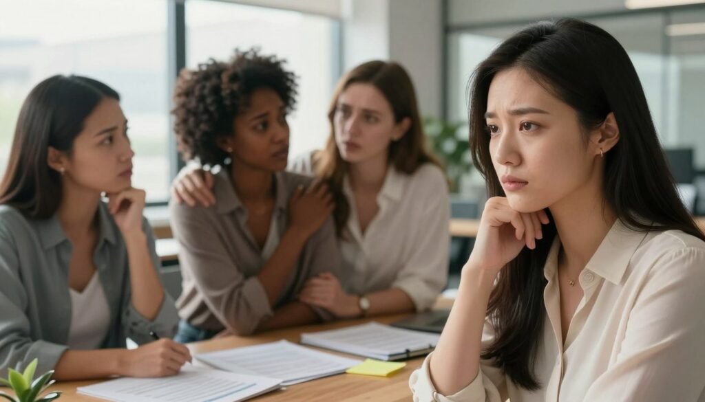Undiagnosed ADHD in Women: 15 Signs You Shouldn't Ignore 4 A diverse group of women in a modern office setting, expressing a range of emotions—from frustration to relief—after receiving an ADHD diagnosis. In the foreground, a woman of Asian descent, dressed in a professional blouse, gazes thoughtfully at her reflection in a mirror, symbolizing self-realization. In the middle ground, two women, one Black and one Caucasian, engage in a heartfelt conversation, displaying a mix of concern and support, surrounded by papers and notes scattered about. The background features soft natural light pouring in from large windows, creating a warm and hopeful atmosphere. The overall mood is one of introspection and resilience, highlighting the profound impact of late diagnosis on women's lives.