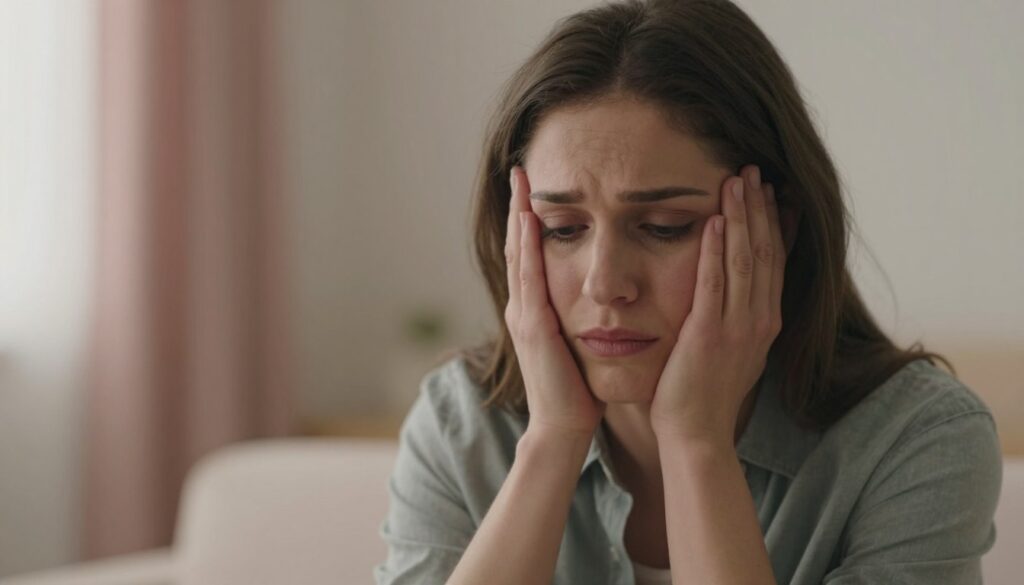 A focused, emotive portrait of a woman experiencing the emotional symptoms of PMDD, set against a soft, blurred background of warm pastel colors to create a calming yet poignant atmosphere. In the foreground, the woman, dressed in modest casual clothing, sits with her hands gently cradling her face, conveying a sense of introspection and vulnerability. Her expression reflects the intensity of mood swings, wavering between sadness and contemplation. The lighting is soft and diffused, highlighting her facial features and creating gentle shadows for depth. The overall composition is intimate and relatable, suitable for a premium medical magazine style, embodying the essence of women’s health. Vidah Plena | women's health.